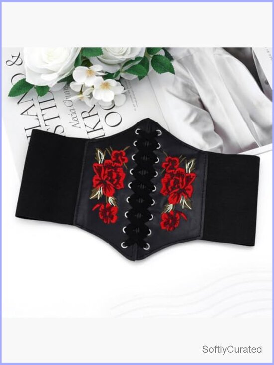 Wide Leather Corset Belt with Floral Embroidery, Adjustable Lace-Up Waist main image 7